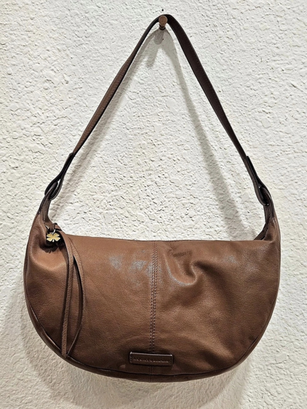 Lucky Brand Vintage Brown Leather Crescent Slouchy Hobo Shoulder Bag with Clover